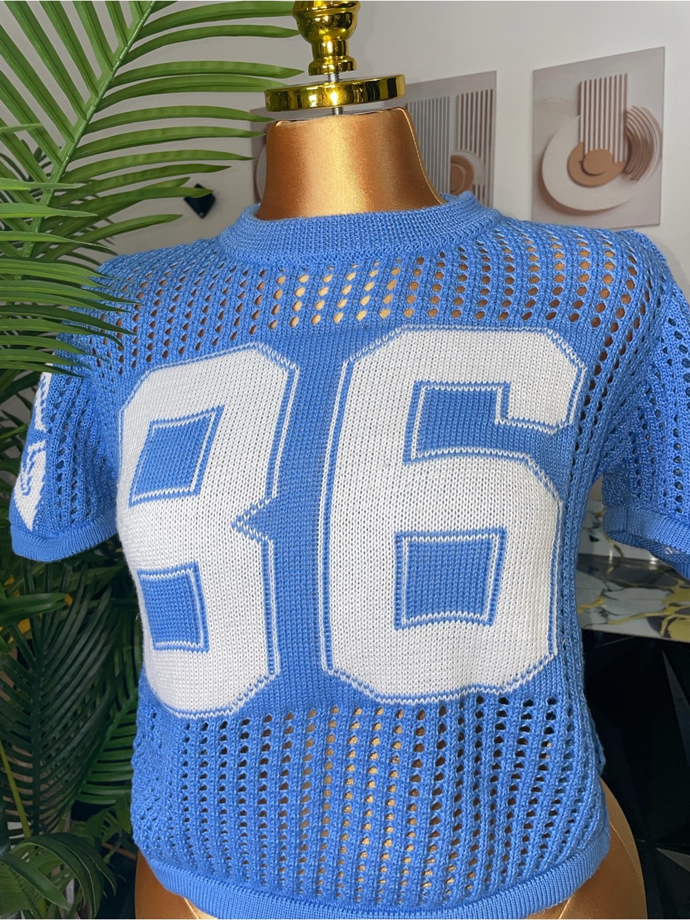🔥🎽Blue Knit Mesh Sweater with White Number Graphic